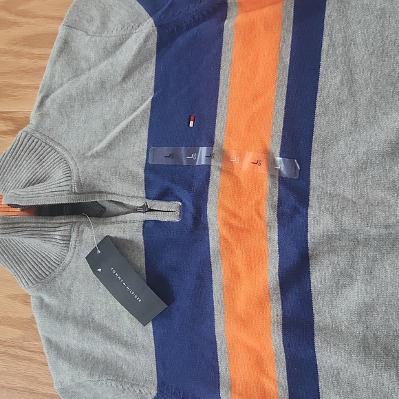 Tommy Hilfiger Men's Zip-Up Gray Sweater with Blue and Orange Stripes Large - Picture 15 of 17